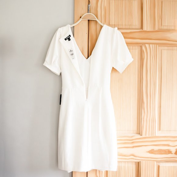 NWT Express Puff Sleeve Sheath Dress with Tie Waist in Winter White Size Medium - Picture 6 of 13